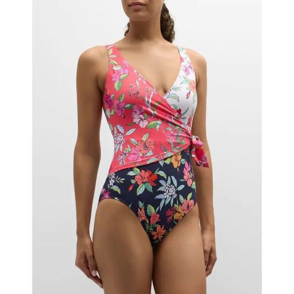 TOMMY BAHAMA Summer One-Piece Swimsuit Small Red Black Floral Wrap-Front NWT - Picture 1 of 12